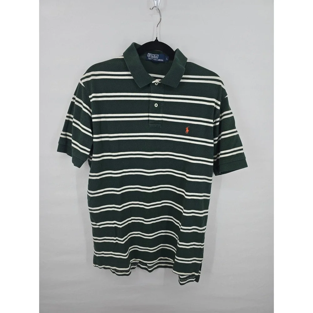 Polo Ralph Lauren Mens Large Green White Striped Short Sleeve Pique Polo Shirt